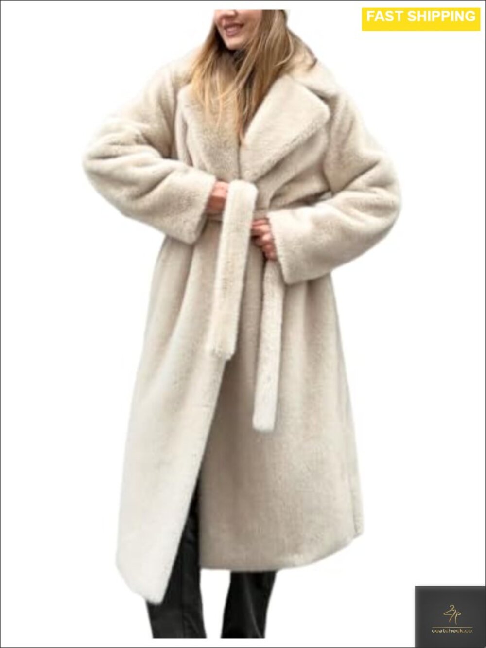 Faux Fur Long Belted Maxi Winter Coat Notched Lapel